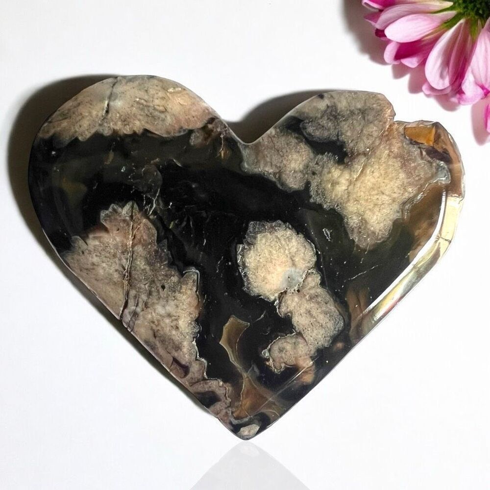 Black Flower Agate‎ Heart Carving (#3)